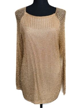 Chico's - Gold Metallic Open-Knit Long Sleeve Sweater - Size 2 (Large)